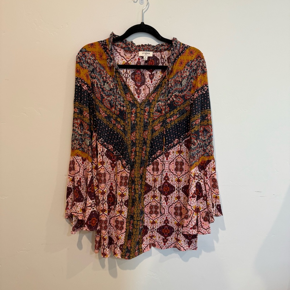 Umgee Bohemian Multicolor Women's Peasant Blouse Top Womens Size Medium Boho